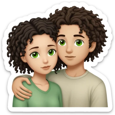 couple holding eachother. the boy is light skinned, short brown dreads, and green eyes.        the girl is light skinned, curly black hair, and brown eyes sticker