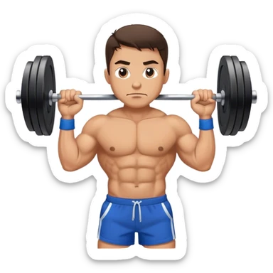 brunette buff man with blue shorts barbell-shrugs sticker