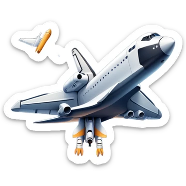 An icon featuring a space shuttle and an airplane against a starry sky, symbolizing aerospace technology. The design includes rocket boosters and satellite orbits, representing the exploration of space and advanced aviation. Transparent background sticker
