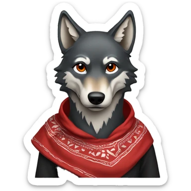 Wolf wearing a red bandana around its neck and a black hoodie sticker