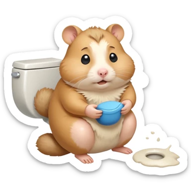 Cute chubby cartoon-style hamster sitting on toilet pooping looking as if he had an accident sticker