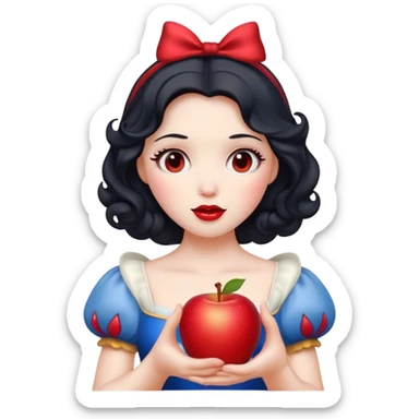Cinematic Elegant Snow White Portrait Emoji, Delicately holding a red apple, eyes glimmering with mystery, soft curls perfectly placed, her royal presence glowing with a warm, enchanting charm! sticker