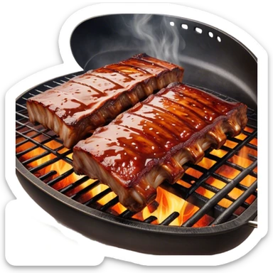 Cinematic juicy grilled ribs, glistening with smoky barbecue sauce, charred edges, tender meat falling off the bone, sizzling on a hot grill, mouthwatering and rich, warm and inviting, ultra-realistic and delicious. sticker