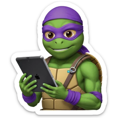 Donatello from Teenage Mutant Ninja Turtles, emoji style, holding a tablet with a hacking screen and a tech gadget sticker