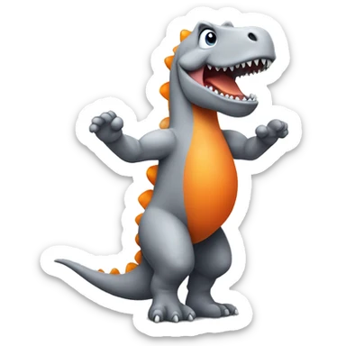 A grey Dino standing on his two feet with his arms in the air and he has a orange belly sticker