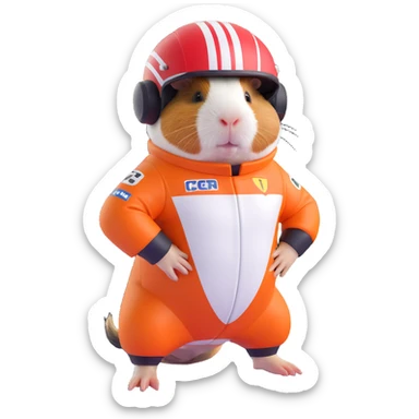 guinea pig in a Formula 1 racing suit and helmet, full body, sporty and energetic, racing theme sticker