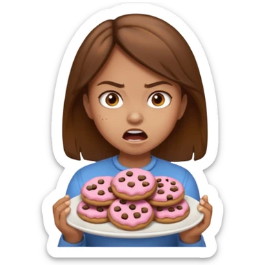 Angry girl brown hair that’s eating a plate of cookies sticker