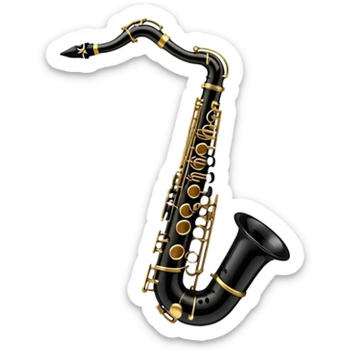 Create a detailed and unique emoji representing a black clarinet with a saxophone-style mouthpiece. The design should feature the sleek, dark wood finish of the clarinet, with its shiny metal keys clearly visible, but at the top, include the large, curved mouthpiece typical of a saxophone. The mouthpiece should have a reed, similar to the one used in a saxophone, with subtle details to indicate its function. Use dark wood tones for the body of the instrument and silver or brass accents for the keys. Add small musical notes or soundwaves around the instrument to evoke its smooth, melodic sound. The background should be transparent sticker