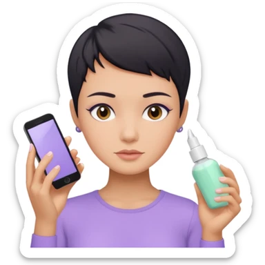 tan girl with pastel purple shirt with black hair & a pixie, doing her skin care sticker