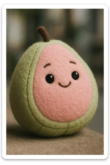 guava plush toy with embroidered eyes, round and huggable, light green and pink tones sticker