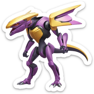 a shiny Genesect-Raptor-Fakémon—hybrid with a futuristic visor-helmet full body sticker