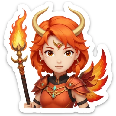 “Pastel red background, a fiery warrior girl character (anime/cartoon style) in the center. On top: ARIES in bold. Below in cursive: ‘Fire Fairy’. At the bottom: ‘Brave, passionate, always leading.’ ✨🔥⚔️” sticker