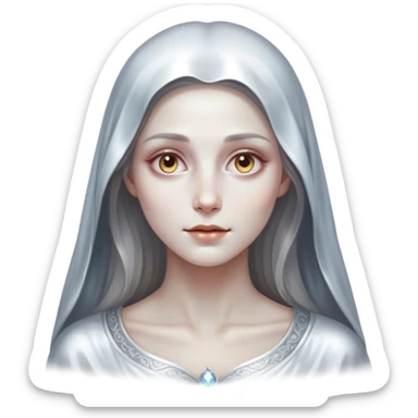 Cinematic, Ultra realistic 32k HD, hauntingly beautiful woman, Balanced features, highly detailed, glowing with silver light, high shine, remembrance, a painting of white silver, fanciful, enchanting, ghostly. The image is so lifelike it feels as though it could leap off the canvas at any moment sticker