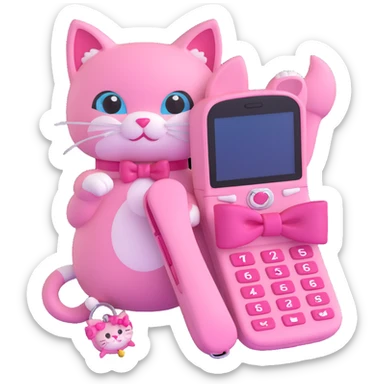 A pink flip phone with a pink bow, a pink background with stars, and a pink charm with a cat sticker
