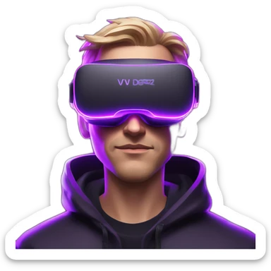 Cyberpunk style. Violet neon. Man with white-light skin in the black hoody with violet OMG VR logo on it wearing vr headset oculus quest 2 sticker