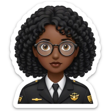 femme pilote d'avion en uniforme noir aux cheveux bouclés noir et petites lunettes arrondis identique avec des cheveux plus long  sticker