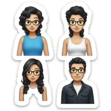 A couple hugging each other, where there is a white Boy with black hair and curlers, and with glasses on, wearing a shir, and a white girl with long brown hair wearing a blue diver sticker