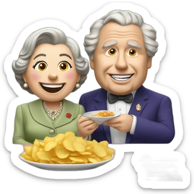 Queen Elizabeth II eating chips and gravy with Russell grant sticker