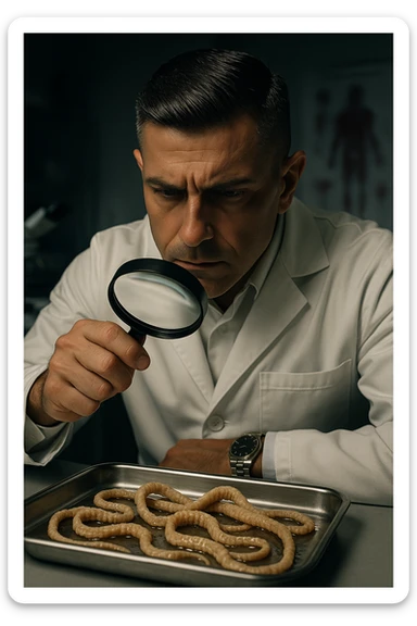 A middle-aged male kinesiologist wearing a pristine white lab coat, intensely analyzing long, beige tapeworms (like Taenia) under a magnifying glass. His expression is focused and slightly concerned, with dramatic studio lighting casting sharp shadows. The parasites are highly detailed, moist, and textured, stretched across a sterile metal tray. The background is blurred but suggests a clinical environment—hints of a microscope, medical charts, and clean lab equipment. The style is hyper-realistic, with a cinematic contrast between the bright white coat and the grotesque, organic forms of the parasites. No sci-fi elements, just raw medical realism with a disturbing edge sticker
