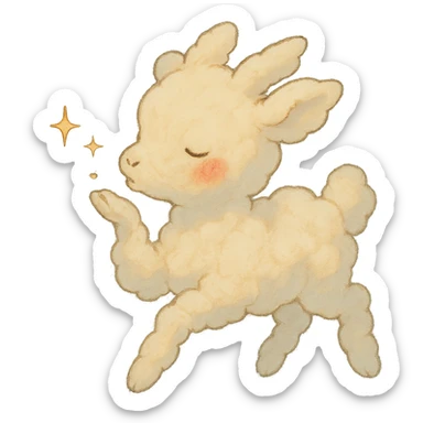vanilla-colored cloud doe with rosy cheeks, floating gently while blowing a kiss with sparkles, soft ghibli style sticker