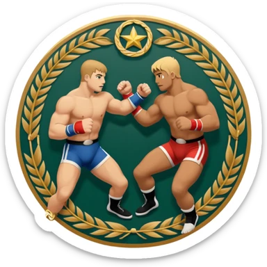 An icon symbolizing wrestling combat sports in the style of an emblem. The design features two wrestlers locked in a powerful grapple, one attempting to take the other down. Surrounding the scene are stylized elements like a championship belt, wrestling mat, and a laurel wreath. sticker