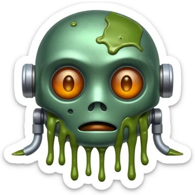 make a tired old melting robot emoji, covered in green sludge, 2d, make the eyes melting sticker