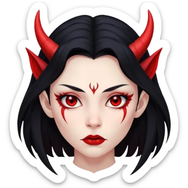 Head only: demon girl, 100% red skin, long black hair, small horns, sharp cheekbones, serious eyes, full lips, pointed ear; centered, no body, no text. sticker