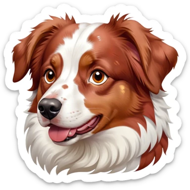 Cinematic Noble Predominantly White Red Merle Australian Shepherd Portrait Emoji, Poised and regal, with a strong, agile build and a stunning predominantly white coat with splashes of red merle, piercing blue eyes, Simplified yet sharp and sophisticated features, highly detailed, glowing with a soft, dignified glow, high shine, intelligent and loyal, stylized with an air of elegance, focused and attentive, soft glowing outline, capturing the essence of a watchful and confident herder, so majestic it feels as though it could step out of the screen with effortless authority! sticker
