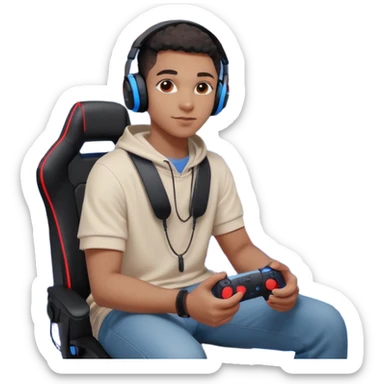 Black Muslim gamer sitting in a gaming setup with LED lights (red/blue), PS5 2025 controller in hand, confident pose, headphones around neck, posters and shelves in background, high-resolution portrait, crisp details, cinematic lighting. sticker