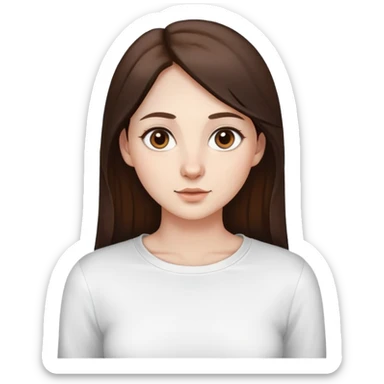 A woman with a round face, pale, light skin, big round nose, cute doe eyes, a white long sleeve shirt with a square shape cut in the t shirt near the neck area, and long dark brown hair and brown eyes  sticker
