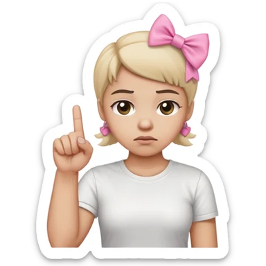 wearing s wihite tshirt, frowning with a furrowed brow, raising its middle finger, pink bow tied around the middle finger sticker