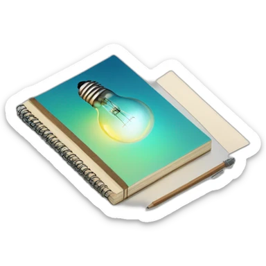 A notebook layed down with the front side having text and the backside a light bulb sticker