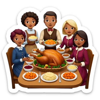 Thanksgiving Dinner with 10 people of different skin color around the table; have the food be a cooked turkey, mashed potatoes, corn, a basket of biscuits, a small bowl of cranberry sauce, baked yams, steamed vegetables, and a bottle of wine. sticker