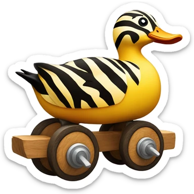 Yello Duck with tiger stripes on wooden wheels like from the book janosh. Point of view from the side sticker