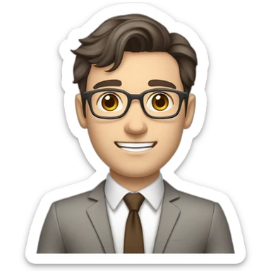 Pale skinned fit man with dark brown hair in gray jacket, beige office shirt, brown tie, brown pants and vintage glasses Writing on the flipchart sticker