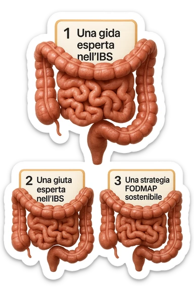 emoji stile iphone di 3 targhette numerate con intestino realistico davanti ad ogni targhetta, le targhette sono:
"1 – Un piano chiaro e strutturato
2 – Una guida esperta nell’IBS
3 – Una strategia FODMAP sostenibile"
, iperrealistico 4k sticker