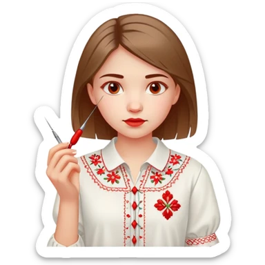 A young Ukrainian girl in a white embroidered shirt holds a red thread and a needle in her hand sticker