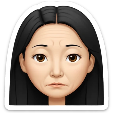 50 yr old asian woman, straight thick long black hair, big black, side part, tired sticker