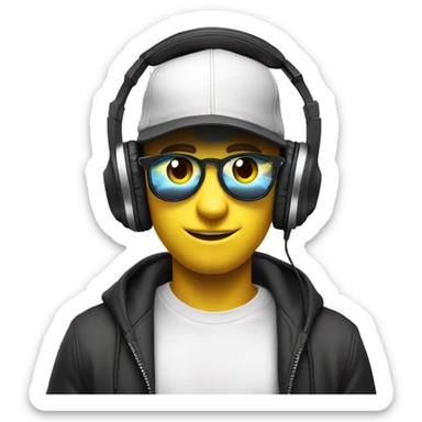 make a yellow circled classic emoji face that has a lot of swag with a snapback hat and headphones on listening to edm and put him on white backgrond, and make sure he is really into what he is listening to sticker