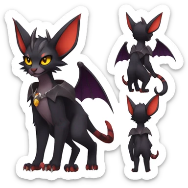 Black cool vampiric anime style Noivern-Litten-Lykoi-Caracal-Fakemon with big bat ears full-body sticker