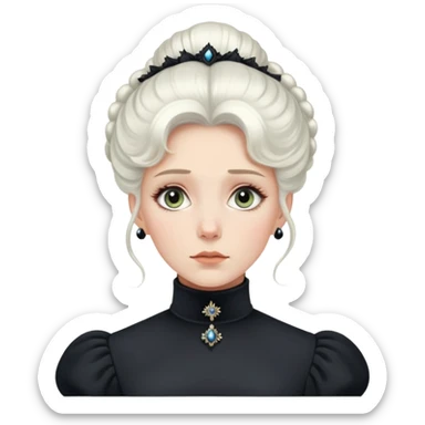 Victorian-era white woman with white coiffed hair, light eyes, wearing a simple dark turtleneck Victorian gown, with a dropped jaw in awe and wonder sticker