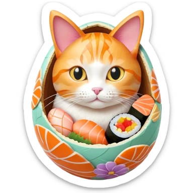 cat sitting in a decorated Easter egg made of sushi, colorful Easter patterns on the sushi egg sticker