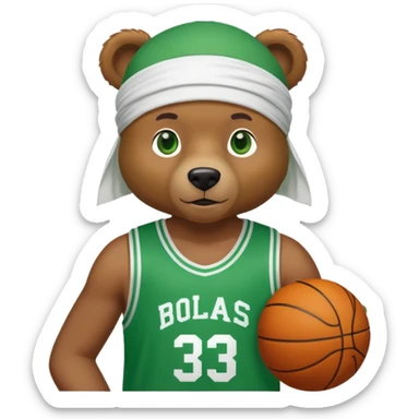 Cool brown bear with green eyes shown to shoulders, white durag, green and white basketball jersey visible on upper chest and shoulders, iOS emoji style sticker