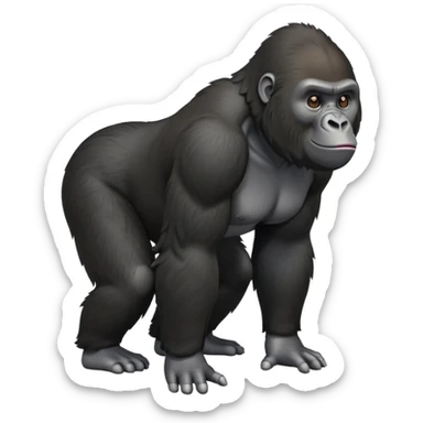 cinematic-friendly relaxed young gorilla-realistic-full-body-crouched on all fours on knuckles-emoji,-poised-with-confidence,-massive-arms-hanging-slightly-forward,-head-tilted-thoughtfully,-thick-black-fur, friendly ,-simplified-yet-realistic sticker