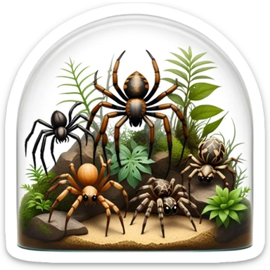 Collage of various spiders, including tarantulas and other exotic species, inside a  terrarium with webs and natural décor. Close-up shots of their intricate legs, eyes, and fuzzy bodies. Soft lighting, transparent background. sticker