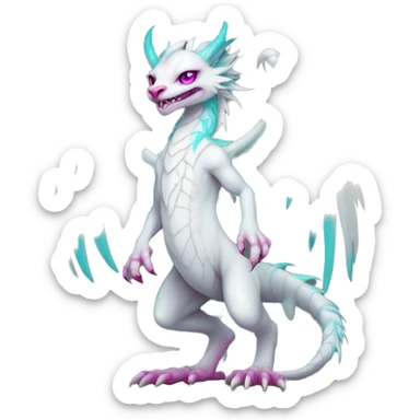 White elegant beautiful natural cute badass epic anthro modern albino Dutch Angel Dragon-vernid-Fakémon with cyan mane and magenta eyes with cyan edgy stripes, anthropomorphic, two-legged, digitigrade, full body sticker