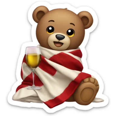 a Christmas teddy happy bear wrapped in a blanket drinks wine sticker