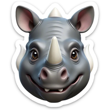 Cinematic Comical Rhinoceros Portrait Emoji, Head tilted dramatically with an exaggeratedly amused expression, featuring a striking, glossy slate-gray hide with a boldly textured white horn, wide, expressive eyes filled with playful disbelief, Simplified yet hilariously expressive features, highly detailed, glowing with a slightly sassy glow, high shine, dramatic yet playful, stylized with an air of cheeky wild mischief, bright and endearing, soft glowing outline, capturing the essence of a spirited and over-the-top rhinoceros, so meme-worthy it feels like it could charge its way into internet fame instantly! sticker