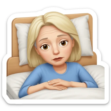 A 55-year-old woman lying in bed. She looks exhausted and desperate, with visible dark circles under her eyes, tired facial expression. sticker