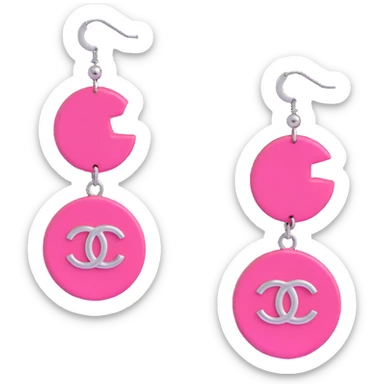 3D emoji-style hoop earrings in glossy pink with dangling silver Chanel logos, luxurious sticker
